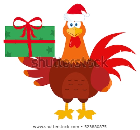 Stok fotoğraf: Santa Rooster Bird Cartoon Mascot Character Holding Gifts