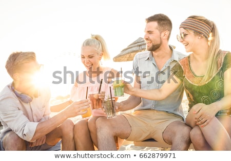 Stock fotó: Girl Talking Drinking Cocktail At The Beach
