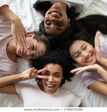 Stock fotó: Group Of Gorgeous Girlfriends Smiling And Gesturing At Camera