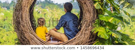 ストックフォト: Banner Long Format Bali Trend Straw Nests Everywhere Child Friendly Place Happy Family Enjoying