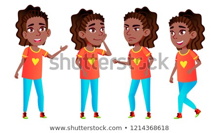 Stockfoto: Girl Schoolgirl Kid Poses Set Vector Black Afro American High School Child Classmate Life Emot