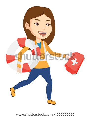 Foto stock: Ambulance Running Doctor Woman With First Aid Box Vector Isolated Cartoon Illustration