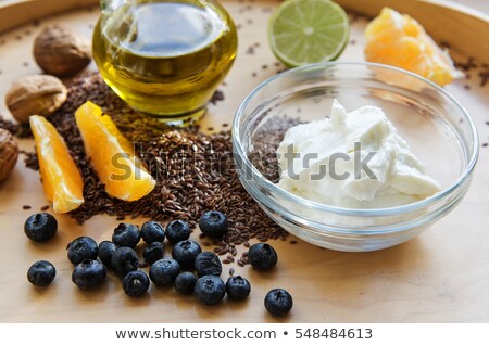 Stok fotoğraf: Cottage Cheese With Fresh Fruit And Flax Seed Oil