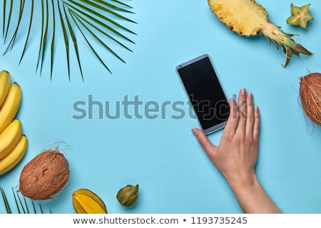 A Set Of Different Exotic Fruits And A Palm Leaf A Womans Hand Stockfoto © artjazz