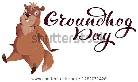Stockfoto: Groundhog Day Hand Written Calligraphy Text For Greeting Card Funny Groundhog Sitting