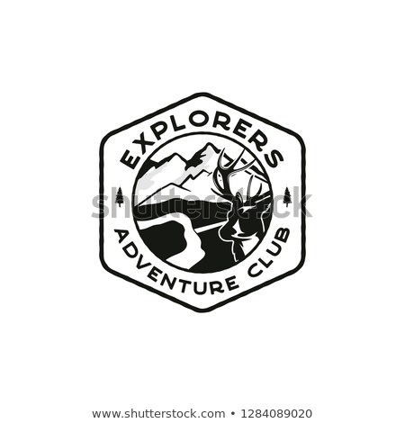 Сток-фото: Explorers Logo Emblem Vintage Hand Drawn Adventure Club Badge Featuring Mountain Valley With Deer