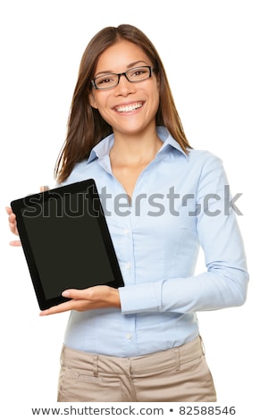 Foto stock: Woman Showing Tablet Computer Screen Smiling Wearing Glasses