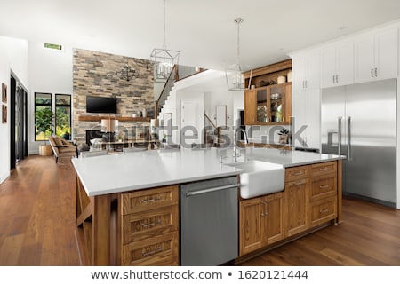 Stok fotoğraf: Light Spacious Living Room With Stone Fireplace