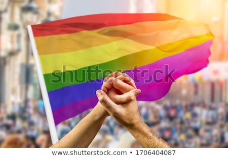 Foto stock: Male Couple With Gay Pride Flags Holding Hands