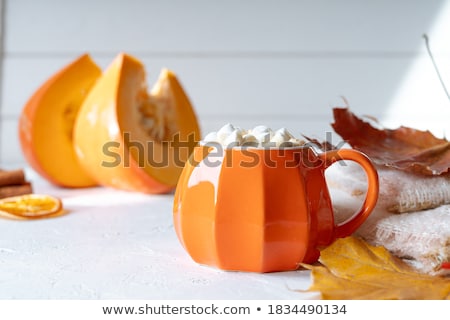 Stock photo: Top View Composition With Cup Of Coffee And Marshmallow Pumpkin