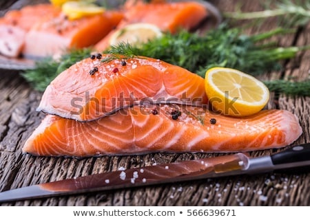 Stockfoto: Salmon Fish Steak On Wooden Background