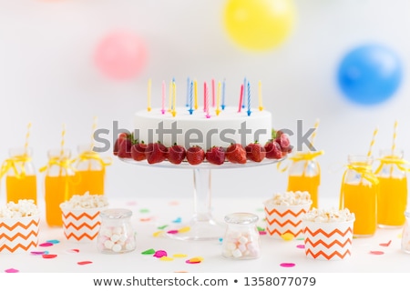 [[stock_photo]]: Birthday Cake Juice Popcorn And Marshmallow