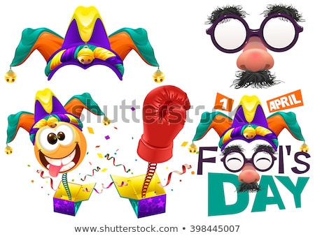 ストックフォト: Fools Cap Smile On Spring Funny Glasses Nose April Fools Day Lettering Text For Greeting Card 1 A