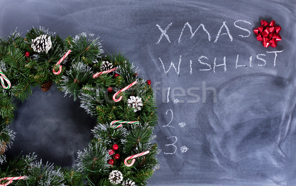 Erased black chalkboard with holiday wreath plus text writing  Stock photo © tab62