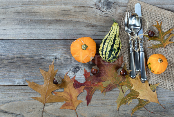 Dinner setting for fall Thanksgiving holiday on rustic wooden bo Stock photo © tab62
