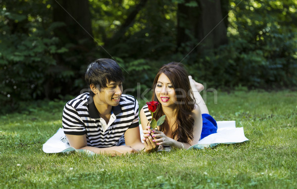 Young Adult Couple Enjoy Looking at Single Red Rose  Stock photo © tab62