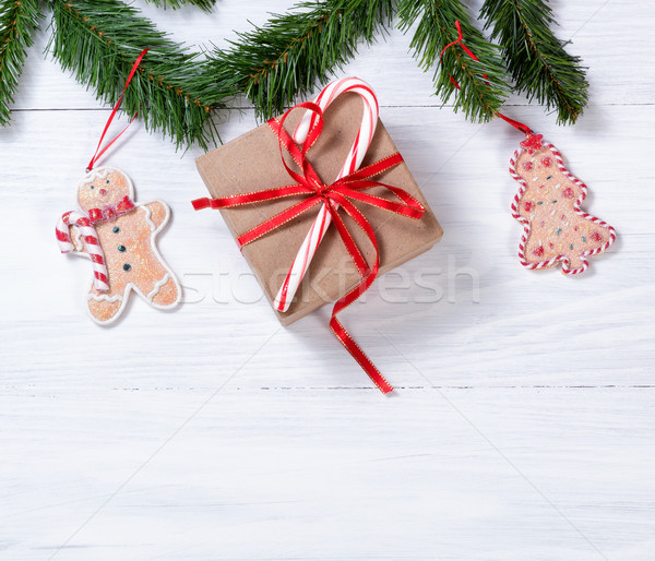 Rustic white wooden boards with Christmas cookie decorations han Stock photo © tab62