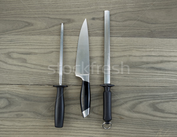 Large Kitchen Knife and Sharpeners on aged White Oak Wood  Stock photo © tab62