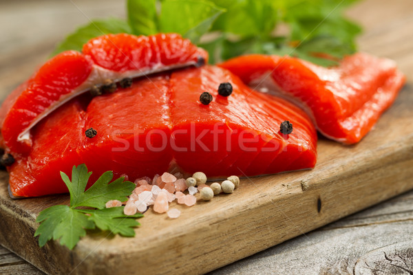 Fresh Copper River Salmon fillets on rustic wooden server with s Stock photo © tab62