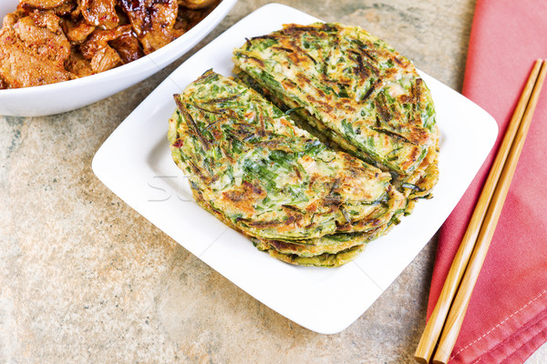 Table set for Korean Green Pancakes and barbequed pork  Stock photo © tab62