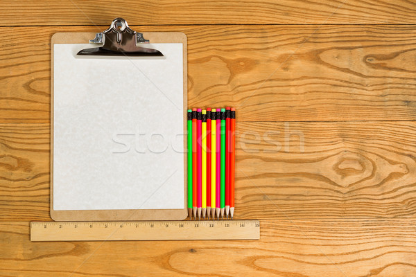 Сток-фото: буфер · обмена · бумаги · красочный · карандашей · Desktop · Top