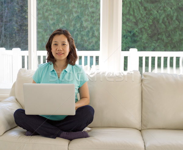 Mature woman displaying smile while using computer at home  Stock photo © tab62