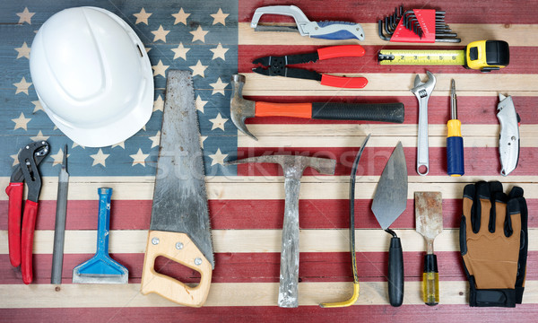 Labor Day holiday background with USA rustic wooden flag and man Stock photo © tab62