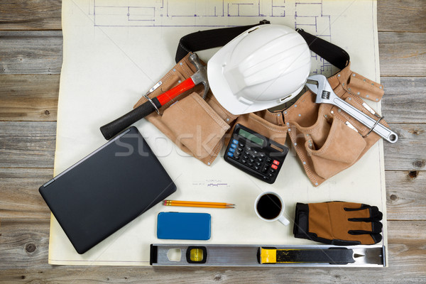 Construction drawing blue print with basic tools on top  Stock photo © tab62