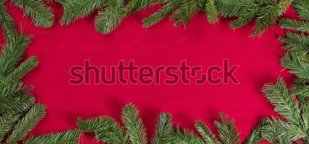 Christmas holiday border with evergreen branches on rustic cedar