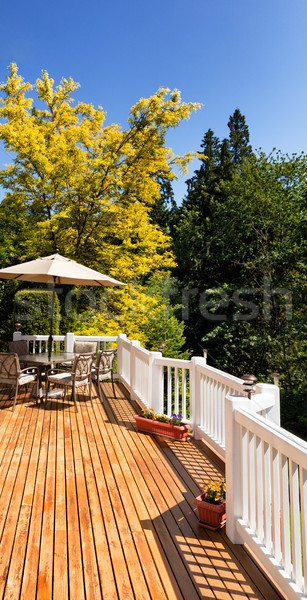 outdoor cedar deck with blooming trees and blue sky in backgroun Stock photo © tab62