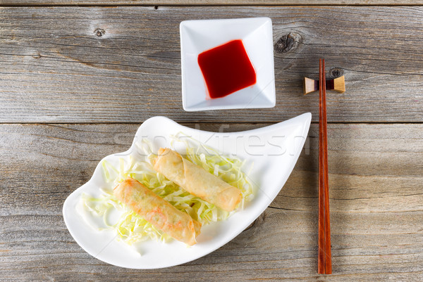 Fried Chinese spring rolls and sweet dipping sauce in white bowl Stock photo © tab62
