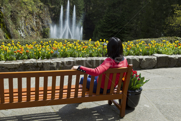Guardare acqua fontana giardino fiori donne Foto d'archivio © tab62