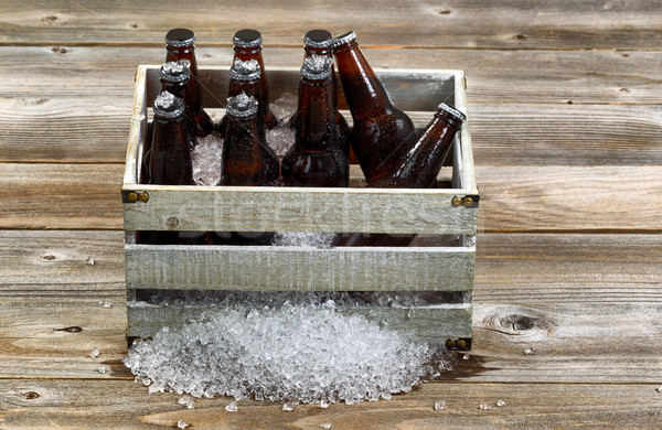 Vintage crate with ice cold bottle beer on rustic wooden boards  Stock photo © tab62