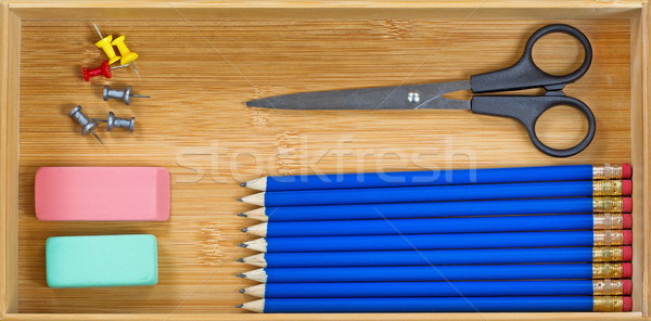Simple office supplies inside of wooden desk drawer  Stock photo © tab62