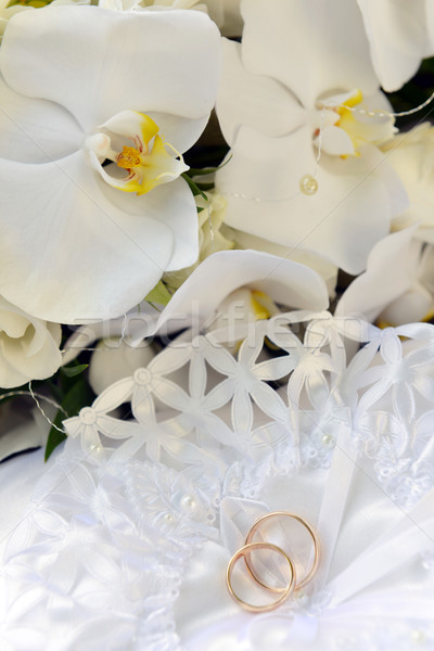 Orchideeën trouwringen witte kussen liefde Stockfoto © taden