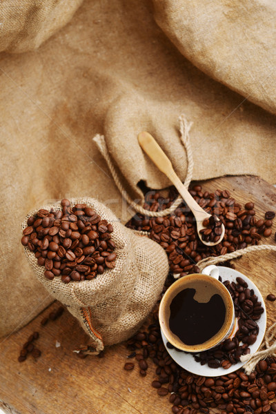 Stockfoto: Koffiebonen · bonen · beker · zak · achter · zwarte · koffie