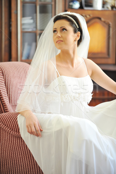 ストックフォト: 美しい · 花嫁 · スタイリッシュ · 白いドレス · ルーム · 結婚式