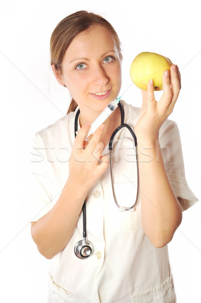 Foto stock: Mulher · médico · seringa · maçã · medicina · enfermeira