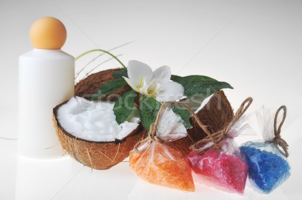 coconut with cream,  salt for bath on white  Stock photo © taden