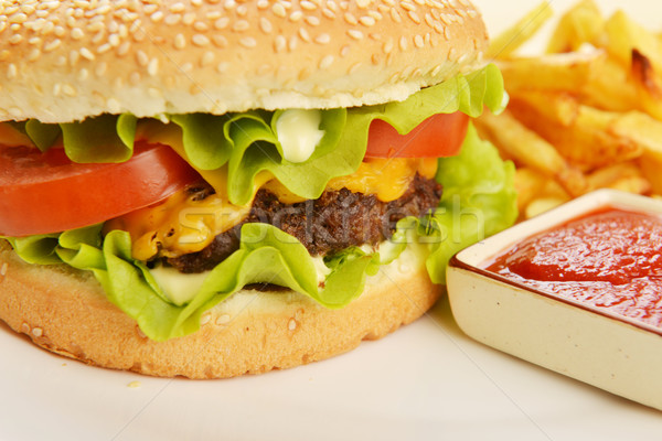 Foto stock: Sabroso · hamburguesa · apetitoso · papas · fritas · blanco · placa