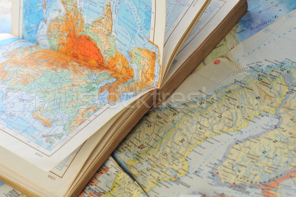 Foto stock: Atlas · libro · mapa · edad · papel