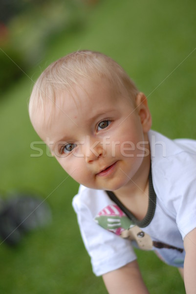 Foto stock: Bebê · grama · belo · little · girl · grama · verde · crianças