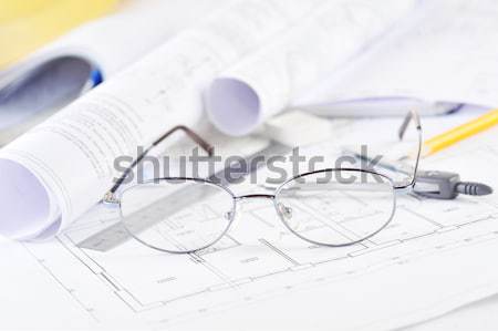 Vonalzó radír szemüveg ceruza alaprajz üzlet Stock fotó © taden