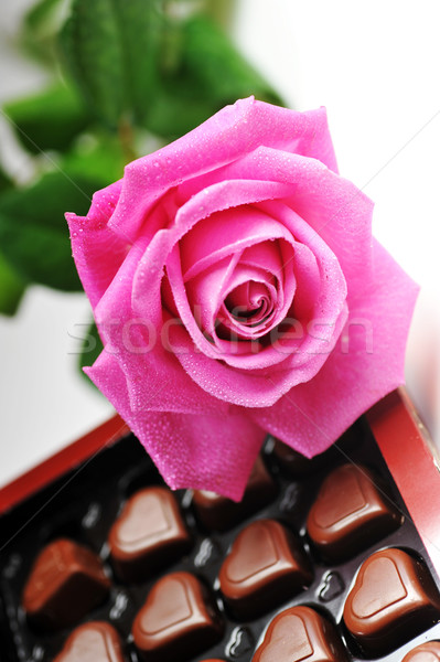 关闭 ·纸· 婚礼 / heart shape chocolate and pink rose close