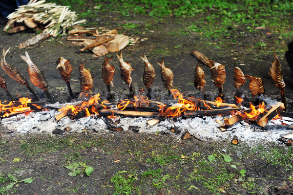 Poissons fixé bois baguettes grillés charbon [[stock_photo]] © taden