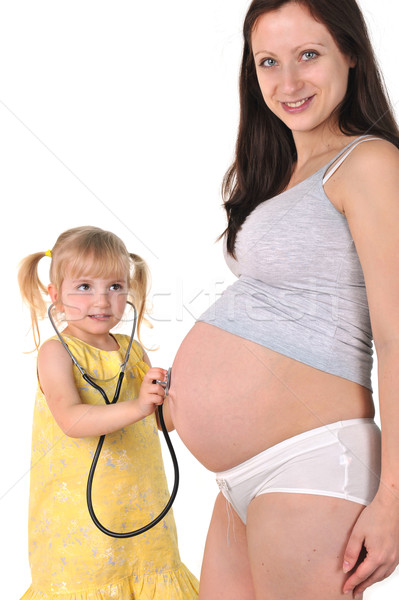 Stock foto: Zukunft · Mutter · Tochter · kleines · Mädchen · hören · Stethoskop