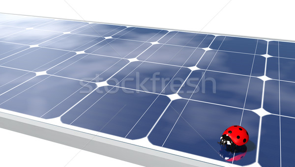 Stockfoto: Lieveheersbeestje · zonnepanelen · Rood · zonnepaneel · wolken · witte