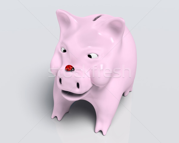 Foto stock: Sorridente · piggy · bank · joaninha · nariz · vermelho