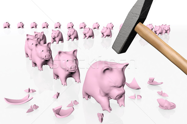 Stock photo: piggy banks in queue under the hit of the hammer