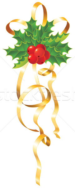 Stock photo: Christmas Holly with gold ribbon / vector